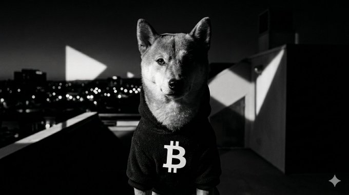 The image features a dog wearing a black hoodie with a white "B" logo, standing on a rooftop or balcony overlooking a cityscape at night. The dog appears to be posing for the photo, giving off an air of confidence and style. In the background, there are buildings that add depth to the scene, creating a contrast between the urban environment and the canine subject. The image also includes text elements related to Bitcoin, such as "Secured by the exact same hash power as the chain itself—from massive industrial farms down to the standalone $Bitaxe running on a desk." This connection to Bitcoin adds an interesting layer of intrigue to the scene, making it more than just a simple photo of a dog.