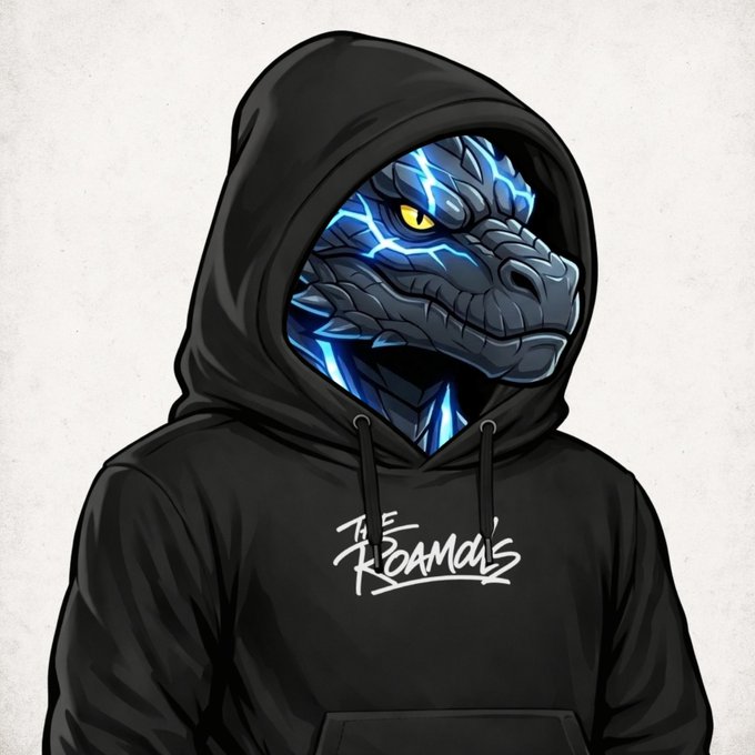 Digital art of a hooded figure wearing a black hoodie with 'The Koala's' text, featuring a stylized dragon/dinosaur head with blue lightning effects.