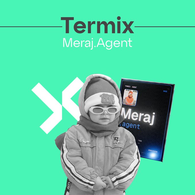 A green graphic features the text "Termix Meraj.Agent" at the top, alongside a black-and-white photo of a child in winter clothing and sunglasses, and an inset image of the "Meraj agent" interface.