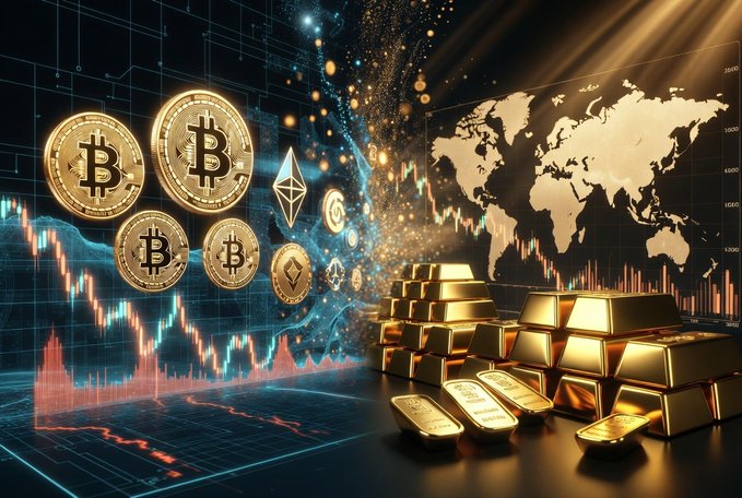 A digital illustration depicting cryptocurrency trading, featuring floating Bitcoin and Ethereum coins, stacks of gold bars, a world map, and complex stock market trading charts on a dark background.