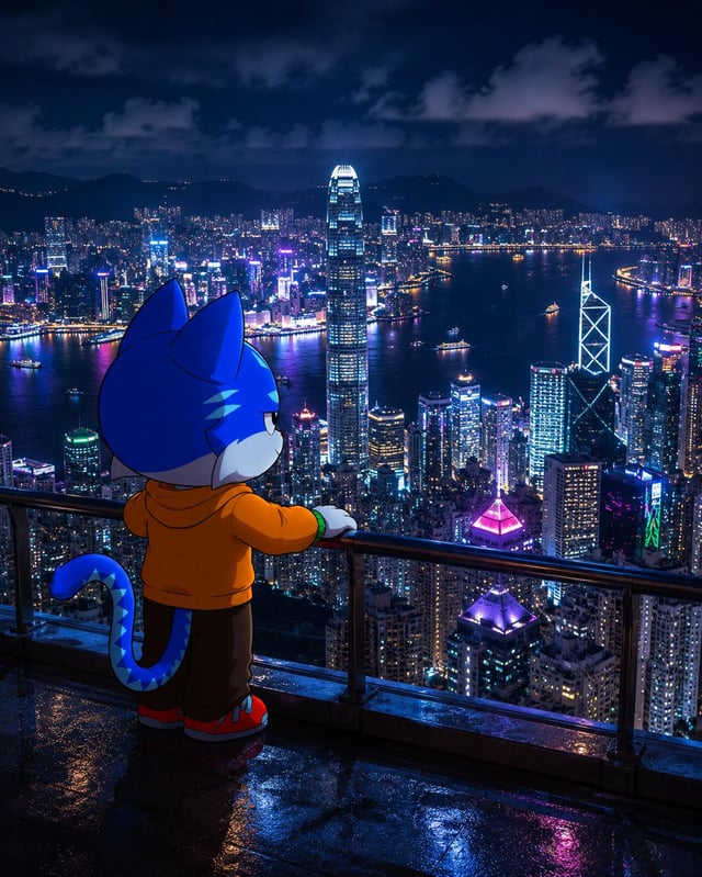 An illustrated blue cat character in an orange hoodie stands on a wet balcony overlooking the illuminated Hong Kong skyline at night.