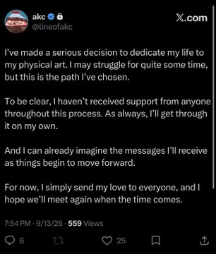 A tweet from user "akc" (@lineofakc) posted on September 9, 2023, reading: "I've made a serious decision to dedicate my life to my physical art. I may struggle for quite some time, but this is the path I've chosen. To be clear, I haven't received support from anyone throughout this process. As always, I'll get through it on my own. And I can already imagine the messages I'll receive as things begin to move forward. For now, I simply send my love to everyone, and I hope we'll meet again when the time comes."

This is the "crash out" announcement referenced in the post, where the artist announced they were leaving the digital/NFT art space for physical art, shortly after liquidating their collection.