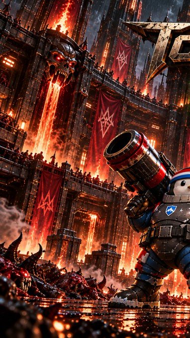 A dark fantasy digital artwork of an armored figure wielding a rocket launcher in a hellish, fiery industrial fortress adorned with red star banners and demonic imagery.