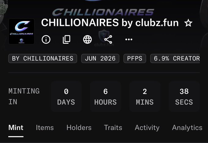 A countdown timer on a NFT minting page for "CHILLIONAIRES by clubz.fun" shows minting in 0 days, 6 hours, 2 minutes, and 38 seconds, with a 6.9% creator fee. The image relates to the post by highlighting Chillionaires as one of the free mint options available to mint today.