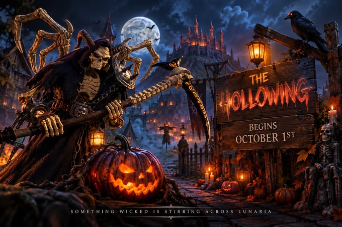 A spooky promotional graphic featuring a grim reaper, jack-o'-lantern, and crows, with a sign reading 'THE HOLLOWING BEGINS OCTOBER 1ST' and the tagline 'SOMETHING WICKED IS STIRRING ACROSS LUNARIA.'