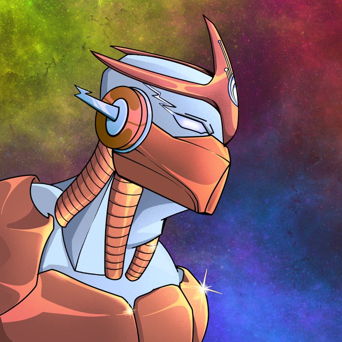 An armored robot-like figure with horn-like protrusions and tube neck details stands against a vibrant cosmic background of green, red, and blue hues. The futuristic character aligns with the "Zobby Exodus" project's space and sci-fi theme, representing the artistic vision mentioned in the post.
