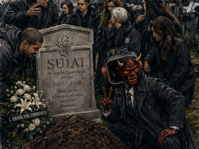 A memorial illustration for 'SUIAI - AI Agent Launchpad on Sui (2024-2026)' showing mourners gathered around a gravestone, with a figure wearing a red oni demon mask and headphones making a peace sign.
