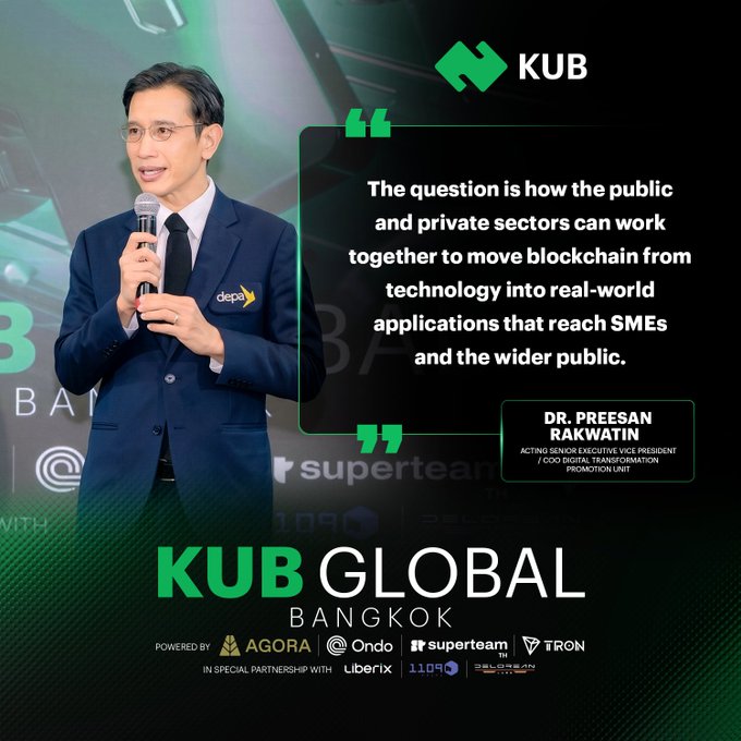 A promotional graphic for 'KUB GLOBAL BANGKOK' featuring Dr. Preesan Rakwatin, with a quote: 'The question is how the public and private sectors can work together to move blockchain from technology into real-world applications that reach SMEs and the wider public.'