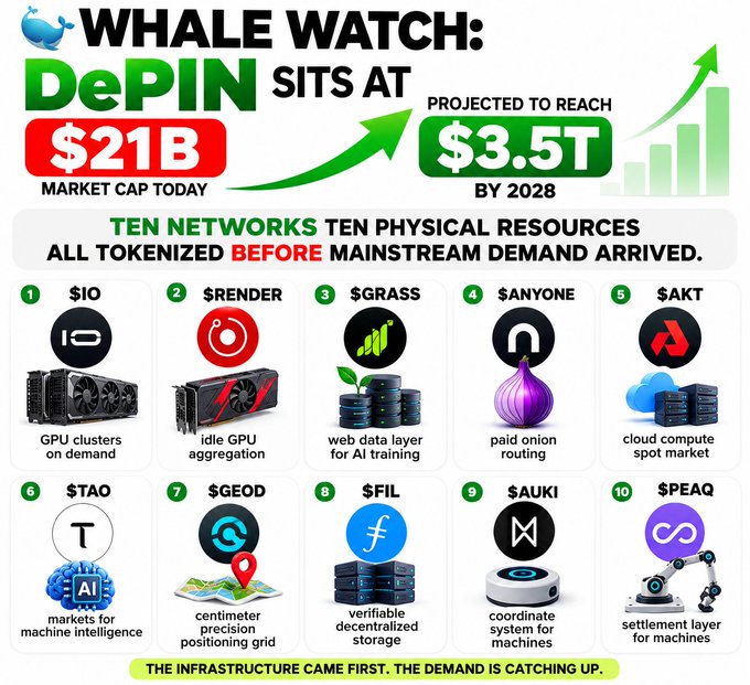 The image is an infographic titled "WHALE WATCH: DePIN SITS AT $21B MARKET CAP TODAY, PROJECTED TO REACH $3.5T BY 2028," highlighting ten tokenized networks ($IO, $RENDER, $GRASS, $ANYONE, $AKT, $TAO, $GEOD, $FIL, $AUKI, $PEAQ) that represent physical resources like GPU clusters, AI data layers, and decentralized storage. The accompanying post reinforces this by emphasizing that DePIN built infrastructure before mainstream demand, with the first three projects ($IO, $RENDER, $GRASS) shown in the image illustrating GPU and AI-related resources that align with the post's theme.