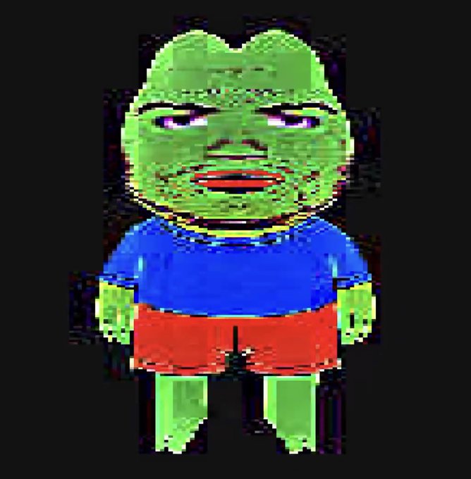 A pixelated image of a green frog-like character wearing a blue shirt and red shorts against a black background.
