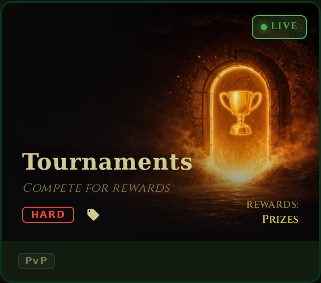 A 'Tournaments' screen indicates a 'LIVE' event with 'HARD' difficulty for a 'PvP' mode, offering 'PRIZES' as rewards.