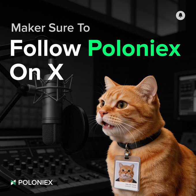 An orange tabby cat with an ID badge sits in a studio beside a microphone, with text reading "Maker Sure To Follow Poloniex On X" and the Poloniex logo. The image promotes the giveaway by encouraging users to follow @Poloniex on X to enter the 100 USDT Futures trial fund giveaway.