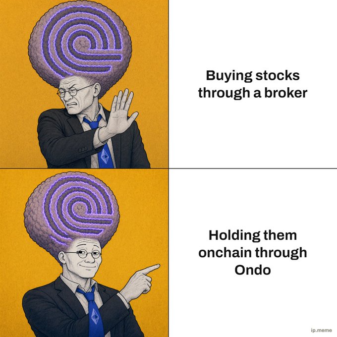 An 'Expanding Brain' meme promoting cryptocurrency, contrasting 'Buying stocks through a broker' with 'Holding them onchain through Ondo.'