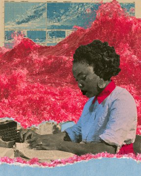 A mixed-media collage showing a vintage photograph of a Black woman writing on paper, layered over a vibrant pink/magenta textured mountain landscape against a blue sky.