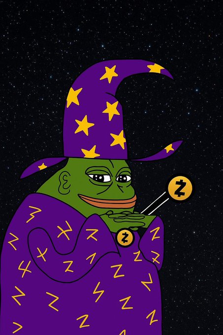 A cartoon illustration of a green Pepe the Frog character dressed as a wizard in a purple robe and hat decorated with yellow stars and 'Z' symbols, holding a small wand against a starry night background.