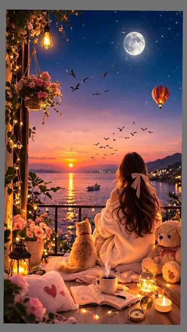 An illustrated scene of a girl sitting on a balcony at sunset, looking at the ocean with a cat and teddy bear beside her, surrounded by fairy lights and flowers.