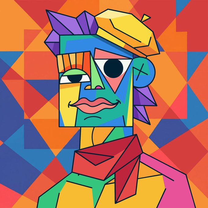 A vibrant, cubist-style geometric portrait of a figure with asymmetrical features, sharp angular shapes, and bold color blocks in red, blue, green, yellow, and purple, set against a dynamic geometric background—exemplifying the "Early Alpha" Pikkazo NFT collection of 10,000 modern bohemian geometric portraits on Ethereum.
