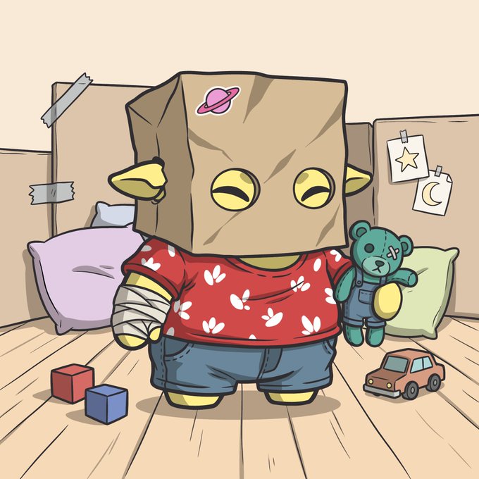 Illustration of a cartoon character with a brown paper bag on its head, wearing a red patterned shirt and blue shorts, holding a teddy bear in a room with toys.