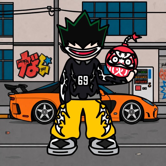 A colorful cartoon illustration of a character with spiky black hair wearing a black hoodie with '69' on it, yellow pants, holding a red bomb, standing in front of an orange sports car.