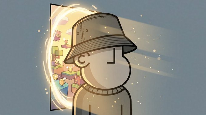 A minimalist cartoon figure wearing a bucket hat stands in the foreground, illuminated by a glowing portal-like frame that reveals a vibrant platformer game world with pixelated characters and collectible coins in the background. The imagery mirrors the post's message about NPCs (non-player characters) being collected and built up like game assets, with the glowing portal symbolizing the path toward earning a top-tier "playable character" status through accumulated snapshots and rare badges.
