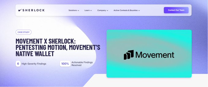 A Sherlock case study webpage titled 'MOVEMENT X SHERLOCK: PENTESTING MOTION, MOVEMENT'S NATIVE WALLET' highlighting 6 High-Severity Findings and 100% Actionable Findings Resolved, with a Movement logo on a teal background.