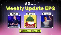 The image is a promotional graphic for the "Xo Market Weekly Update EP2" featuring three hosts named Rick, Neushi, and Romain, with the broadcast scheduled for 10.07.24 at 1pm UTC. The graphic ties directly to the post by visually highlighting the speakers for that week's audio space, where topics like Pulse markets, the LS-LMSR liquidity system, Parlays, and Conviction Points were discussed.