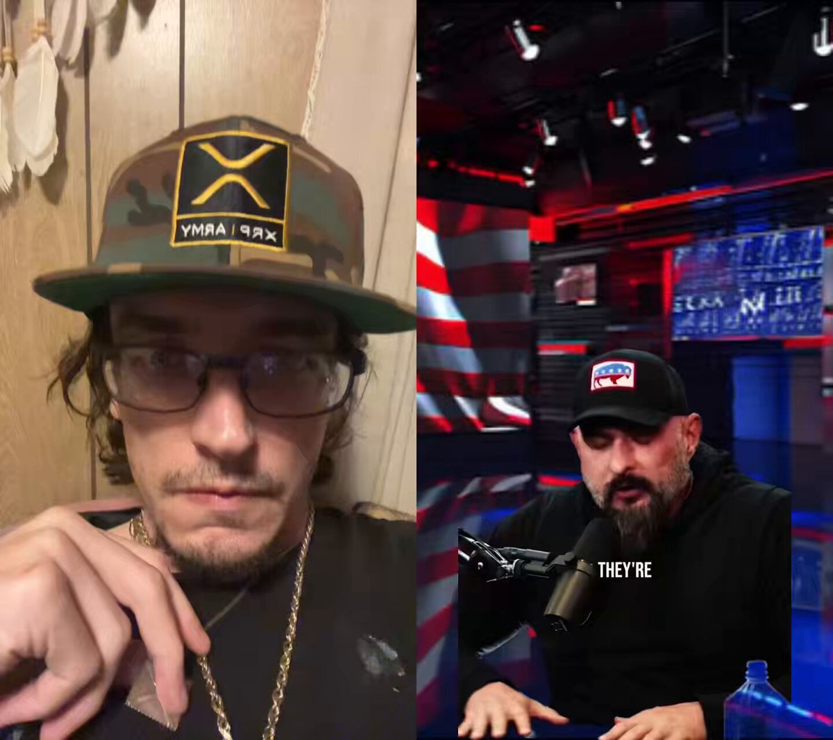 The image shows two men wearing baseball caps, one of which has an XRP symbol on it. They are both sitting at a table with microphones in front of them, suggesting that they might be participating in a podcast or radio show. The caption "XRP IS THE FUTURE" is related to the post and could potentially be a topic for discussion during their conversation.