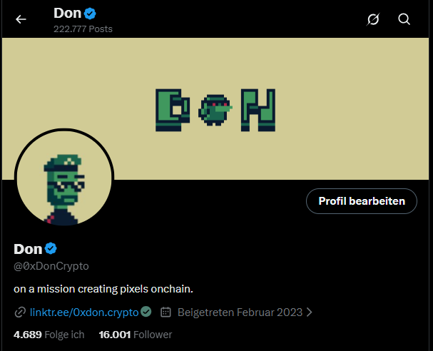 A Twitter/X profile page for 'Don' (@0xDonCrypto), a verified account with 222,777 posts, 4,689 following, and 16,001 followers, featuring pixel art style 'DON' branding with a green zombie character, and the bio 'on a mission creating pixels onchain.'