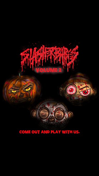 A poster or album cover titled 'SLASHTERPIECES VOLUME 2' features three creepy pumpkin heads and the tagline 'COME OUT AND PLAY WITH US.' at the bottom.