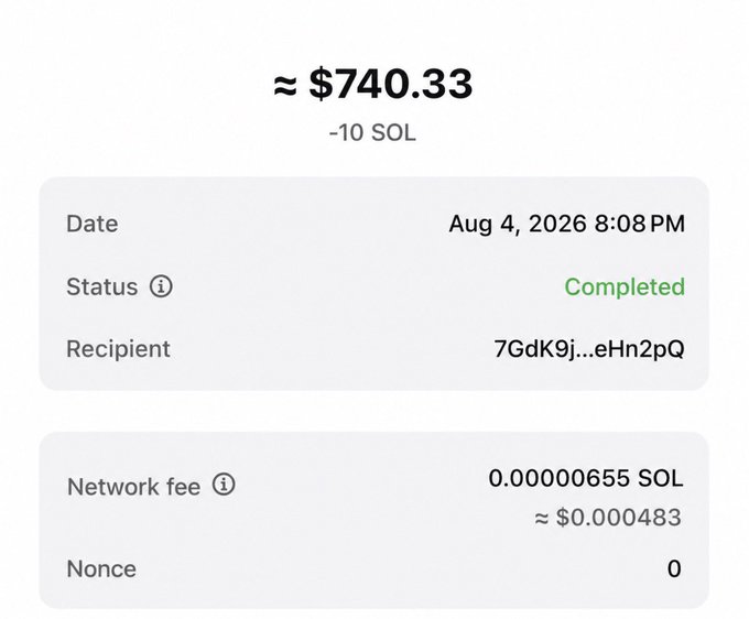 A transaction confirmation showing a completed transfer of -10 SOL (≈$740.33) on Aug 4, 2026 at 8:08 PM, with a recipient address starting "7GdK9j..." and a negligible network fee of 0.00000655 SOL. This screenshot serves as proof of the 10 SOL prize the user sent to a follower, matching the amount referenced in their tweet.