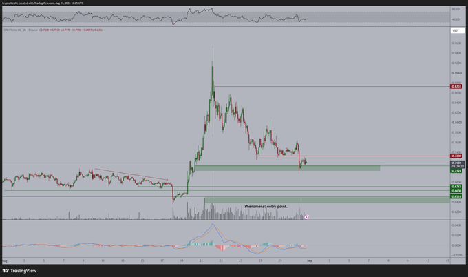 A TradingView chart of SUI/USD on the Binance exchange shows a recent price spike followed by consolidation around the $0.76 level, with the chart noting "Phenomenal entry point" and highlighting a potential support zone near $0.69 that aligns with the post's discussion of a possible support sweep before a breakout.