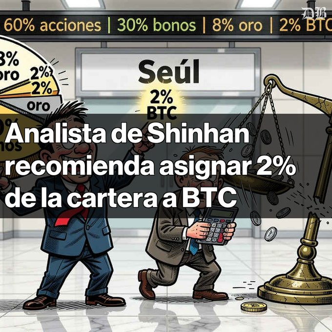 A Spanish-language news graphic featuring a cartoon of businessmen near a scale, with text reading 'Seúl 2% BTC' and 'Analista de Shinhan recomienda asignar 2% de la cartera a BTC', suggesting a portfolio of 60% stocks, 30% bonds, 8% gold, and 2% Bitcoin.
