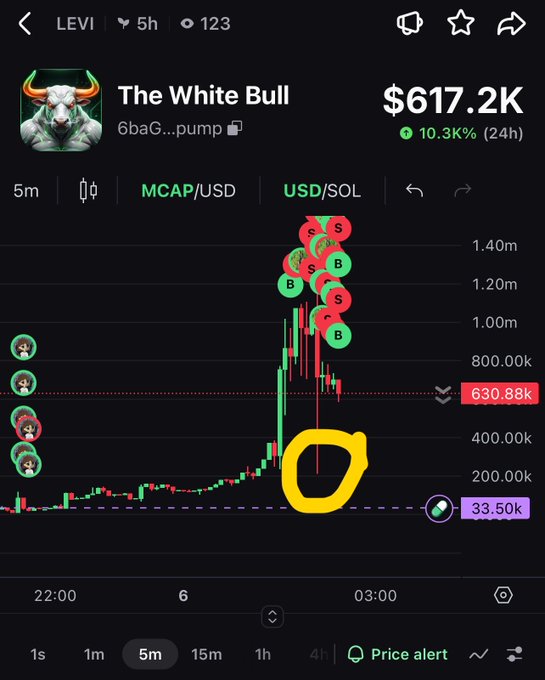 Trading chart screenshot for the meme coin 'The White Bull' showing a market cap of $617.2K with a 10.3% gain in 24 hours, featuring a yellow hand-drawn circle highlighting the chart pattern.