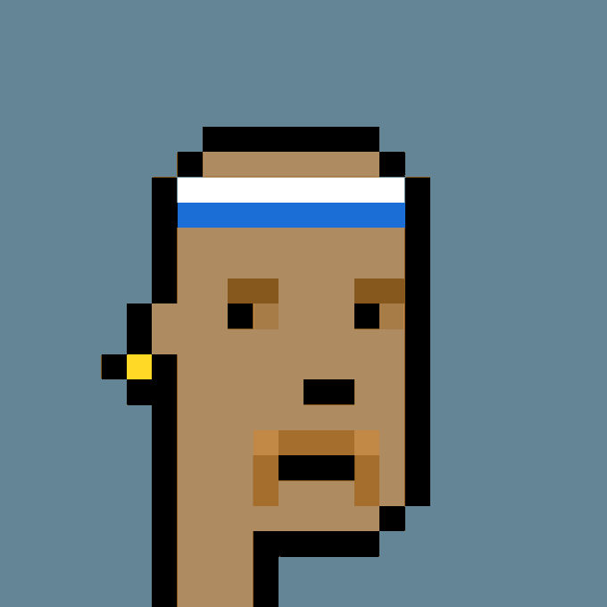 A pixel art portrait of CryptoPunk #1607, a character with brown skin, a white and blue headband, and a gold earring, set against a blue background. The image accompanies a post announcing the punk's purchase for 33.50 ETH ($81,533 USD).