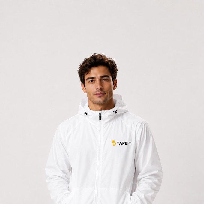 A young man with curly brown hair wearing a white hooded jacket featuring the "TAPBIT" logo on the chest.