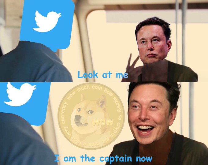 The meme features the Twitter logo and Elon Musk with the text "Look at me" and "I am the captain now" alongside a Dogecoin ($DOGE) coin, humorously depicting Musk's elevated influence over both Twitter and the Doge cryptocurrency, tying into the "Daily $DOGE Meme" theme.