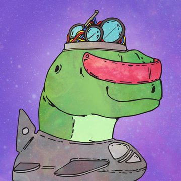 A watercolor-style illustration of a green dinosaur-like character wearing a spacesuit and colorful rocket ship sunglasses against a purple starry background.