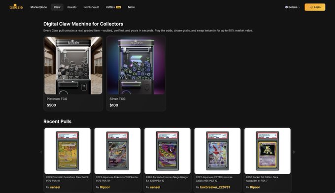 The Botteezie website showing 'Digital Claw Machine for Collectors' with Platinum TCG ($500) and Silver TCG ($100) options, displaying recent pulls of graded Pokémon and One Piece trading cards.