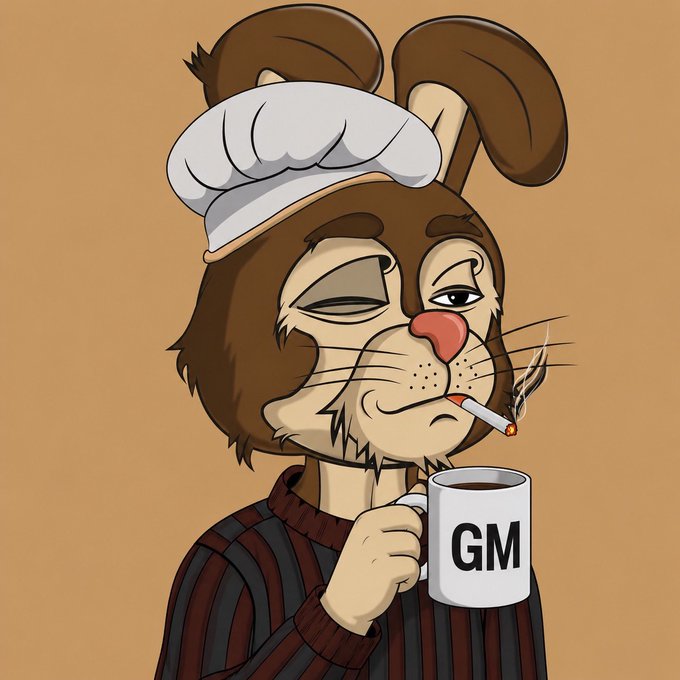 A cartoon rabbit character wearing a white cap and striped sweater holds a mug labeled "GM" while smoking a cigarette.
