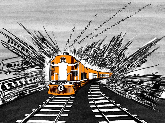 A stylized orange train labeled "BITCOIN" with a Bitcoin logo plows through chaotic railway tracks, with an ominous text warning in the sky reading: "GO TO BITCOIN NOW BEFORE THE CYCLE FORCES YOU EVERYTHING IS GOING TO BLEED IN BITCOIN TERMS YOU GUYS ARE FUCKING GAMBLING ON L2, NATIVE YIELD." 

The image visually reinforces the post's message by contrasting Bitcoin's enduring, unstoppable momentum (the locomotive holding steady on its track) with the fleeting, reckless churn of Solana memecoin trading—implying that all paths ultimately converge back to $BTC.