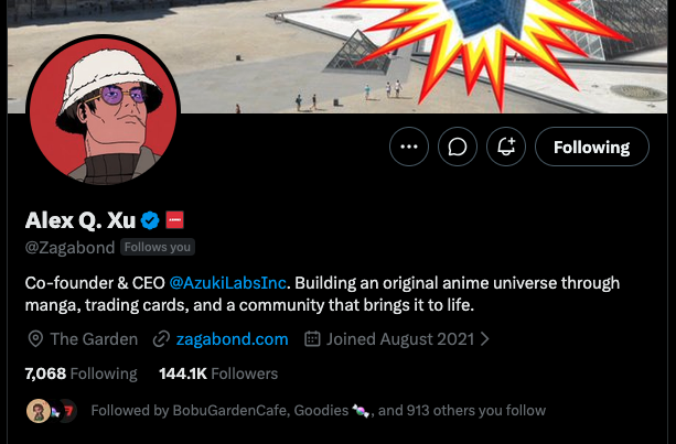 Twitter profile for Alex Q. Xu (@Zagabond), Co-founder & CEO of AzukiLabs Inc., featuring a cartoon avatar in a red hat with purple sunglasses.