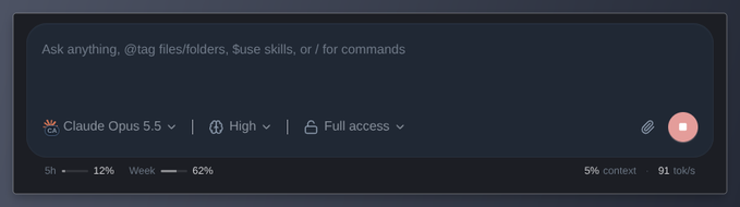 A dark-themed Claude composer interface displays the prompt field with "Ask anything, @tag files/folders, Suse skills, or / for commands," configured for "Claude Opus 5.5" with High reasoning effort and Full access. The status bar shows 5h usage at 12%, weekly usage at 62%, 5% context remaining, and 91 tok/s processing speed, matching the developer's post-T3 update ritual described in the caption.