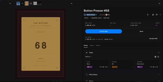A screenshot of an NFT marketplace listing for 'Button Presser #68' from the collection 'The Button', owned by YOU, showing a gold-bordered artwork and a listed price of 1,800.00 USDC with a rarity score of #4.