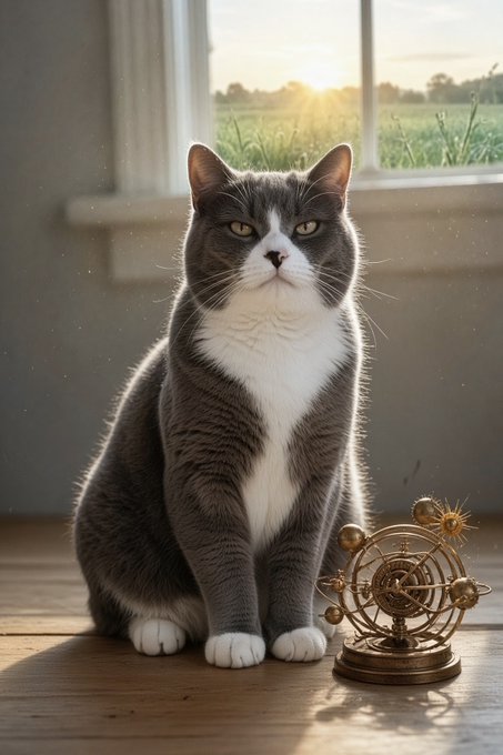 A gray and white cat sits on a wooden floor next to a small decorative solar system model, with sunlight streaming through a window behind it.