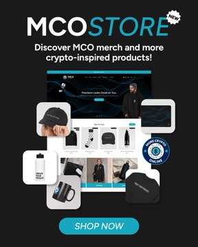 The image is a promotional graphic for "MCOSTORE," inviting viewers to "Discover MCO merch and more crypto-inspired products!" It showcases a variety of branded items including hats, apparel, a hoodie, and accessories, alongside a "Shop Now" button. The post's message about mindset and resilience aligns with the empowering ethos of wearing crypto-inspired merchandise that reflects commitment to the industry.