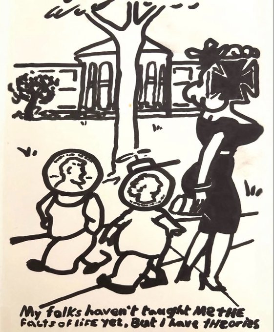 A black and white illustration of a woman walking with two children in astronaut helmets, captioned 'My folks haven't taught me the facts of life yet, but I have theories.'
