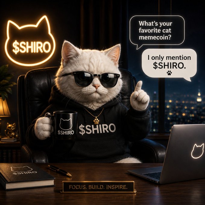 A promotional image featuring a white cat wearing sunglasses and a black '$SHIRO' hoodie, holding a branded mug, with speech bubbles reading 'What's your favorite cat memecoin?' and 'I only mention $SHIRO.' A nameplate reads 'FOCUS. BUILD. INSPIRE.'