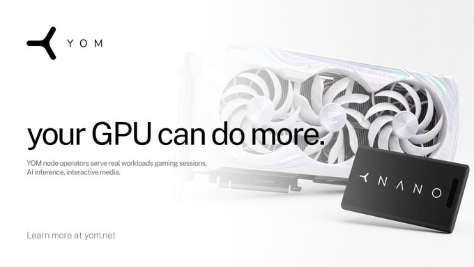 A sleek promotional banner for YOM features a white gaming GPU and a black "NANO" device, with the tagline "your GPU can do more." highlighting how YOM node operators run real workloads like gaming sessions, AI inference, and interactive media instead of leaving hardware idle.