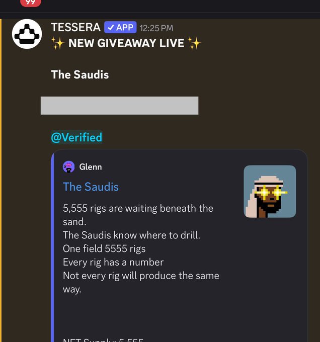 A Discord message from "Glenn" promotes "The Saudis" NFT collection with a supply of 5,555 rigs and a giveaway hosted by TESSERA app, coinciding with the post's announcement of a guaranteed free mint for the upcoming NFT drop.