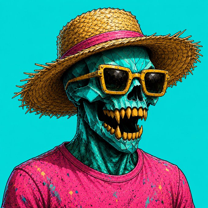 A vibrant pop-art style illustration of a turquoise skull with golden teeth wearing yellow-rimmed sunglasses, a straw hat, and a pink splattered t-shirt against a teal background.